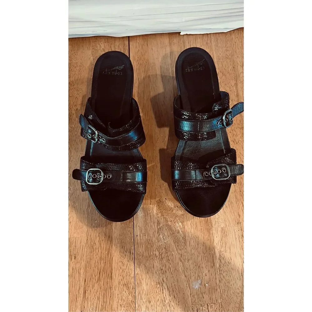 Dansko Jessie Black Leather Lizard Embossed Platform Sandals Clogs SZ 9.5